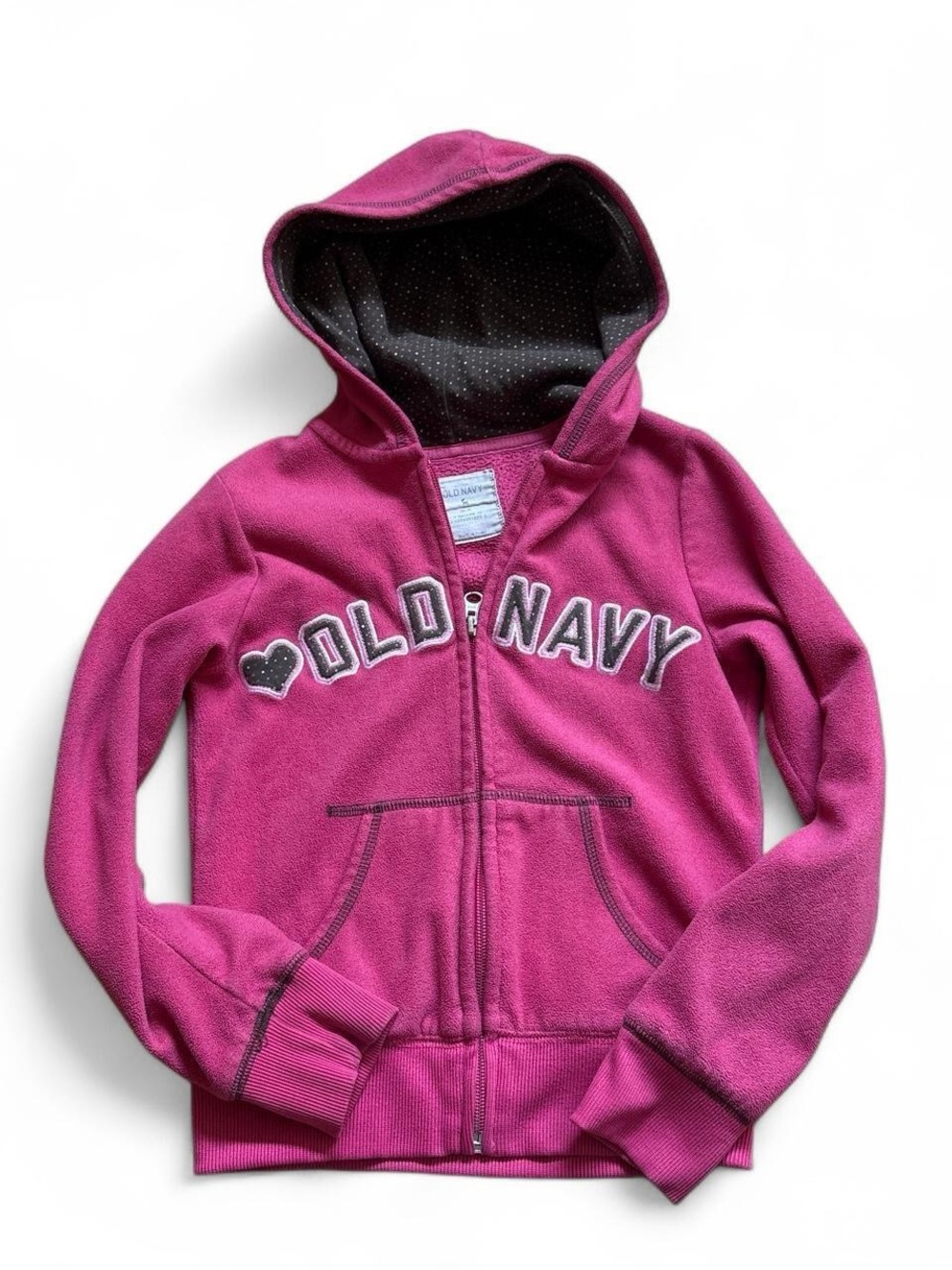 Vintage Y2K Old Navy Hot Pink Fleece Zip Hoodie Logo Polka Dot Girls Medium